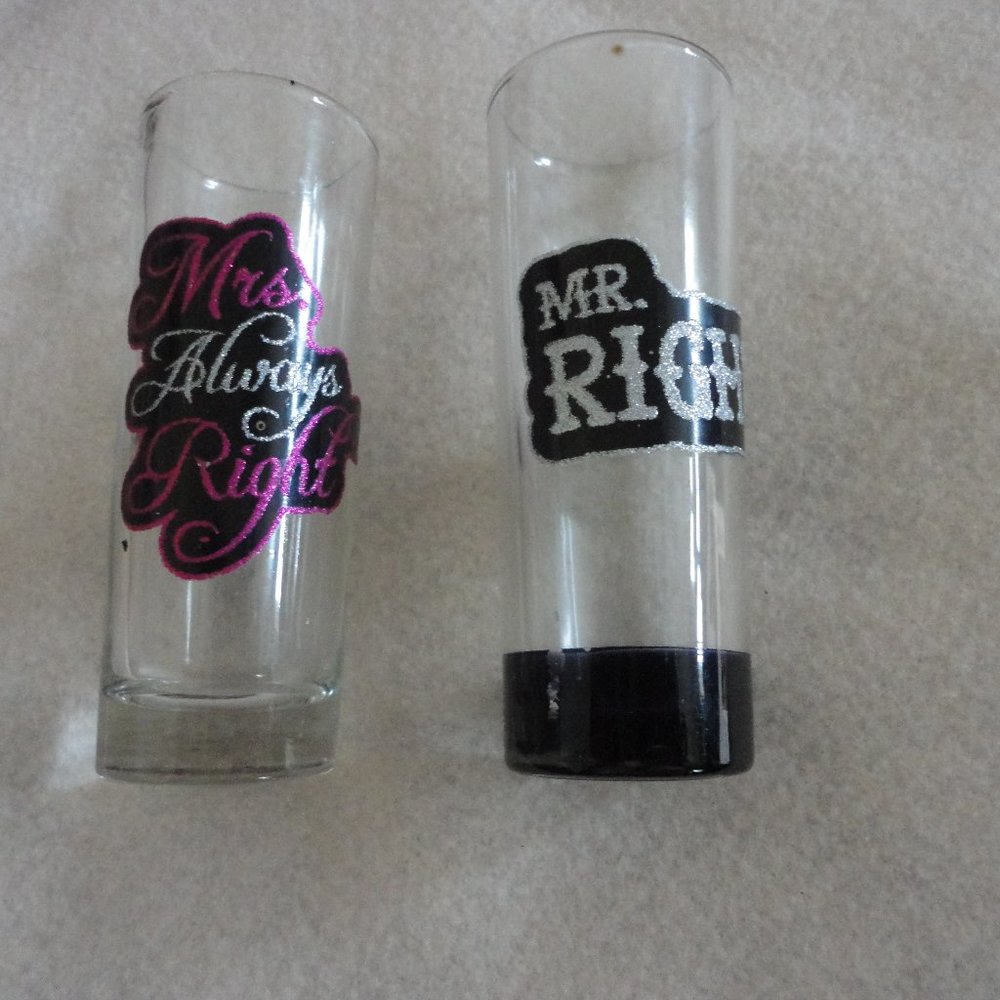 pair of shot glasses mr right & mrs always right